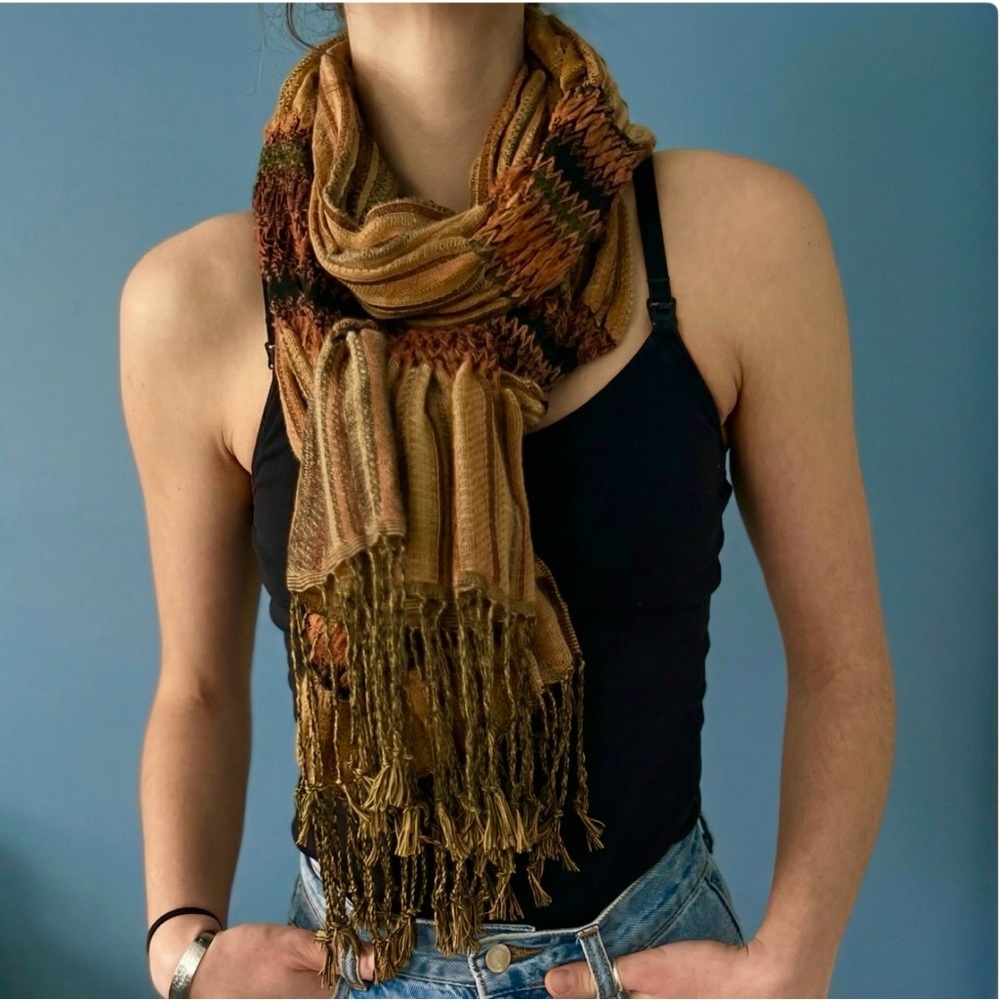 🎁Vintage 90s Textured Knit Scarf Rust Mustard Olive Orange-Transition Season